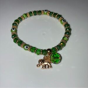 Green Crystal Bead Stretch Bracelet with Gold Elephant Charm